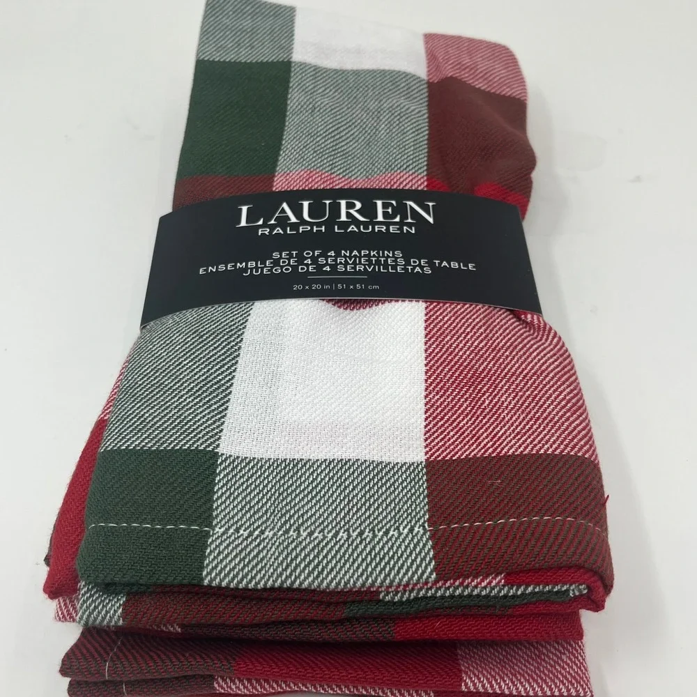 Ralph Lauren Tablecloth 60x84 & 4 Napkins Red Green White Buffalo Check Plaid